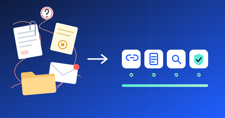 Vendor onboarding: scattered forms, an envelope and a folder, then four steps from invitation link to approved vendor.